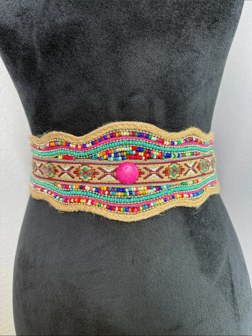 Boho Beaded Stretch Waist Cinch Belt Multicolor Tribal Embroidered Festival